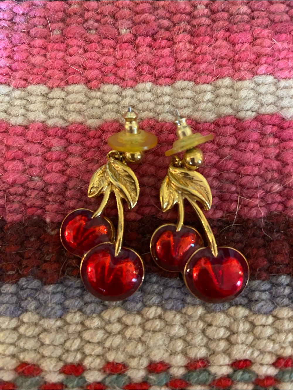 Vintage Gold Cherry Drop Earrings with Bright Red Cherries
